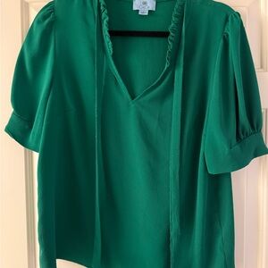 CeCe Emerald Green V-Neck Tie Front Blouse